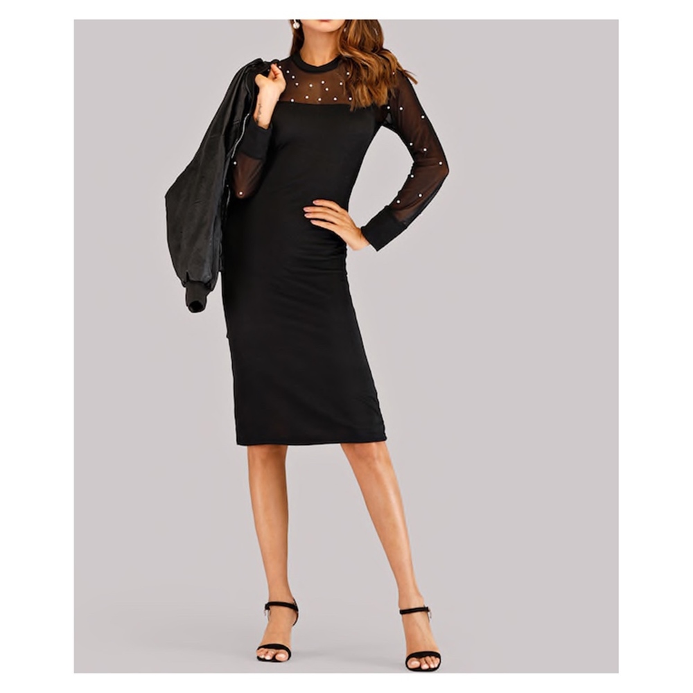 Black Mesh Faux Pearl Embellished Midi Dress - Picture 6 of 8